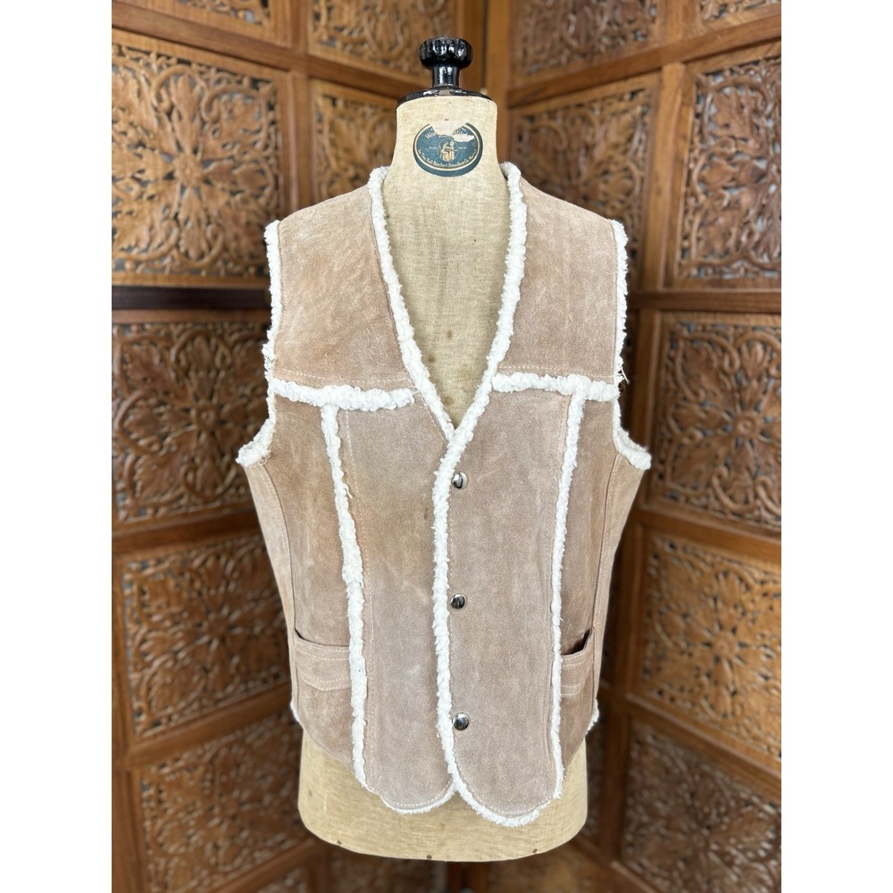Suede Vest Faux Shearling Trim Western Cowboy Style Sleeveless Jacket‎